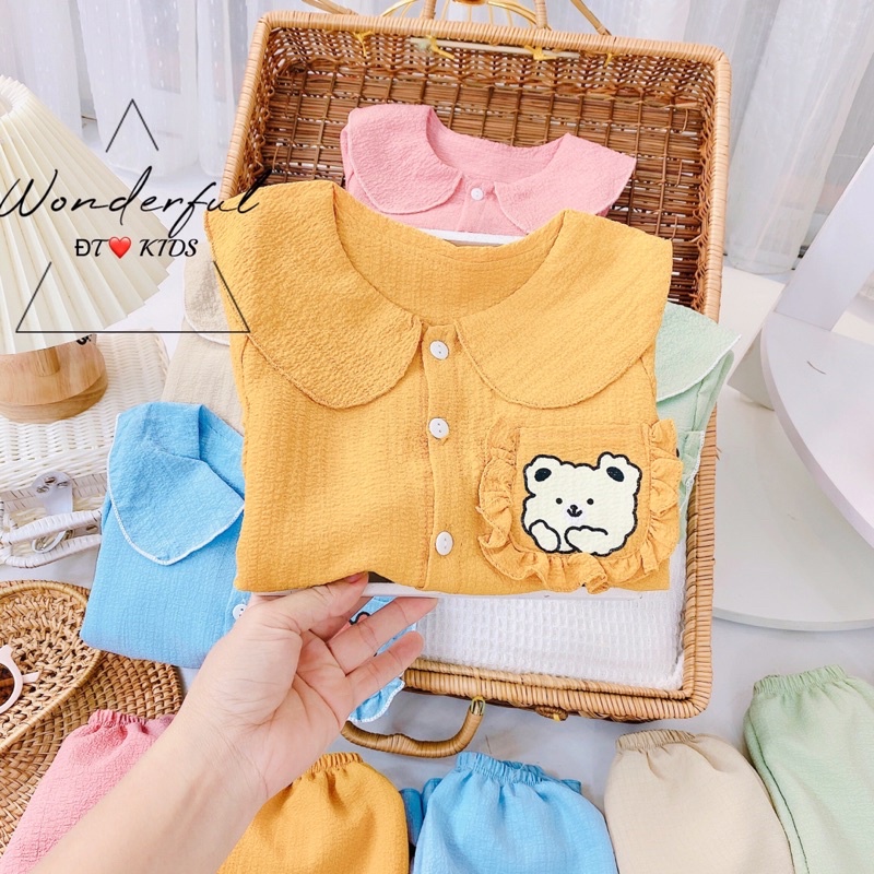 Đồ ngủ dài tay thu đông bé gái túi ngực chất đũi xốp_Bộ pijama dài tay bé gái thu đông