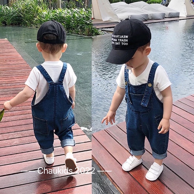 Set yếm jean áo trắng cổ tròn cho bé trai