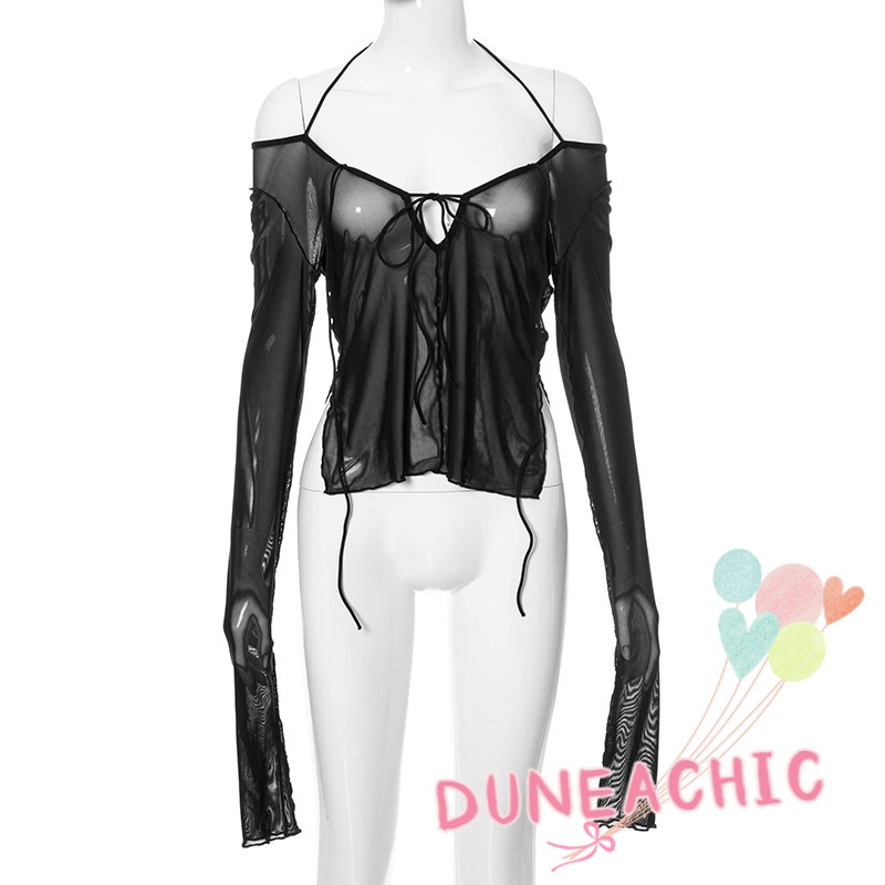 DUNEA Áo Kiểu Tay Dài Phối Lưới Xuyên Thấu Quyến Rũ Cho Nữ