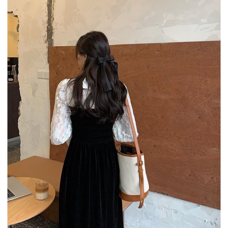 Đầm Perty nhung phối ren thời trang mùa thu Hàn Quốc cho nữ