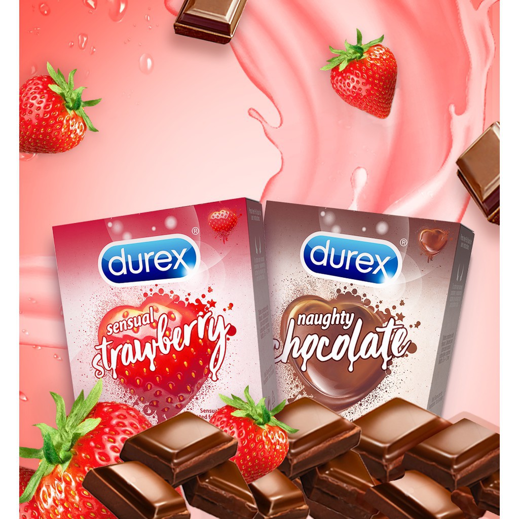 Bao cao su durex sensual strawberry siêu mỏng nhiều gel bôi trơn 1 hộp 3 cái hebuhome