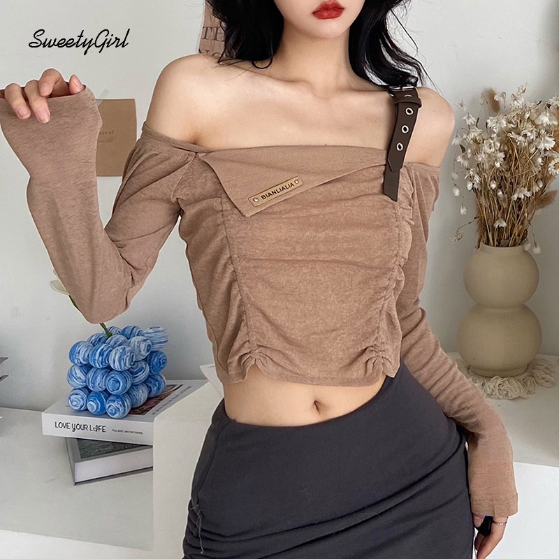 Áo Thun Kaki Tay Dài Hở Vai Dáng Ôm Màu Trơn Thời Trang 2022 Dành Cho Bạn Nữ