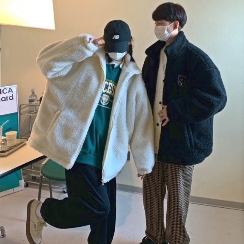 Áo khoác lông cừu dài tay có khóa kéo thời trang mùa đông cho nam nữ