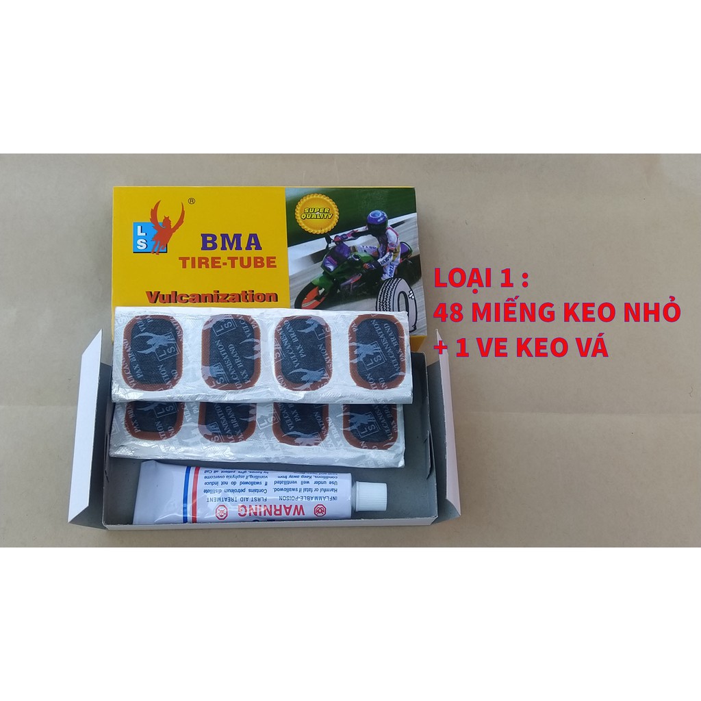 Hộp Miếng Keo Dán Vá Ruột Xe Máy , Xe Đạp đủ loại (48 miếng nhỏ hoặt 24 miếng lớn hoặt 12 miếng lớn +24 miếng nhỏ)