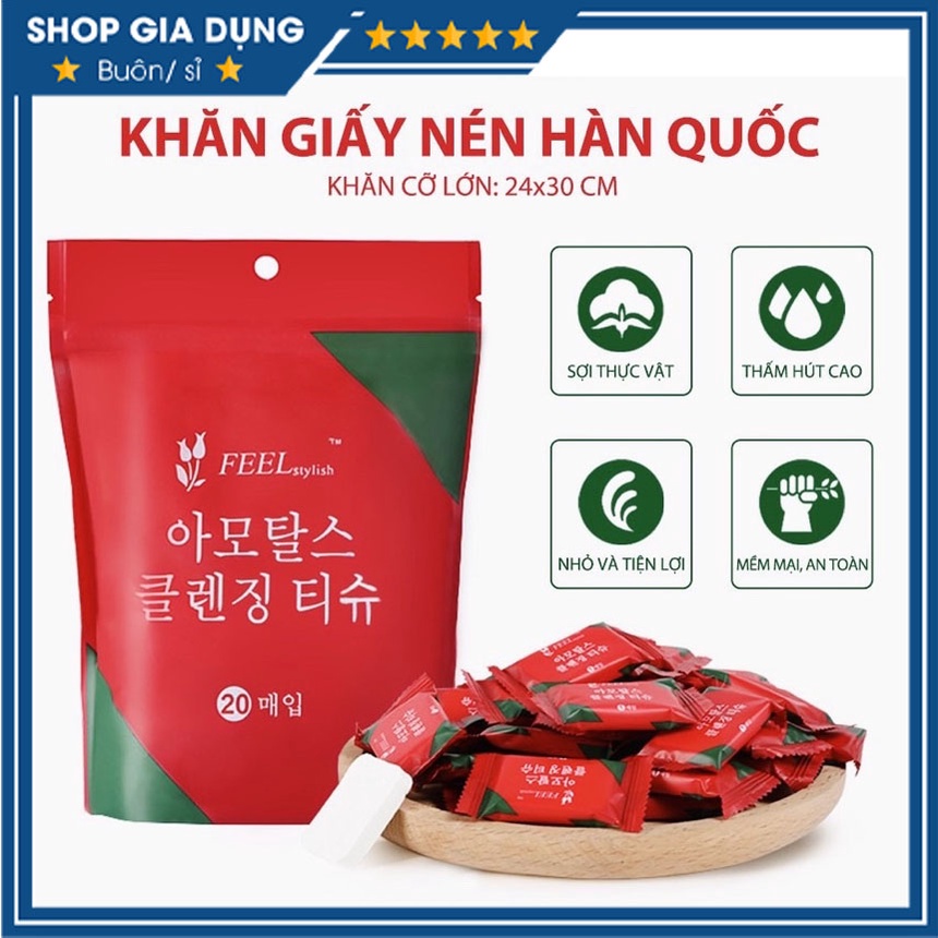 Gói 20 Khăn Giấy Nén Đa Năng Hàn Quốc Siêu Thấm Hút Khăn Lau Mặt Dùng 1 Lần Bông Cotton Tự Nhiên Bông Tẩy Trang