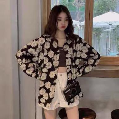 ÁO SƠ MI LOANG HOA CÚC DÀI TAY FORM RỘNG HOT - ÁO POLO CỔ BẺ HOA LÁ NỀN ĐEN ULZZANG VINTAGE ◦