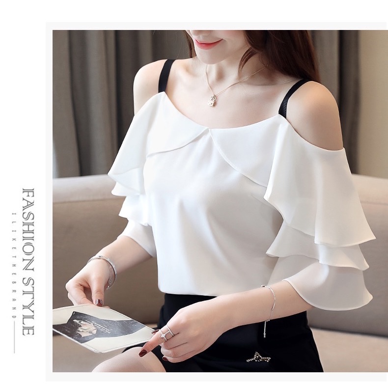 Áo 2 Dây Vải Voan Lụa Ý Trễ Vai Phong Cách Hàn Quốc Thanh Lịch Danh Cho Nữ Văn Phòng Công Sở