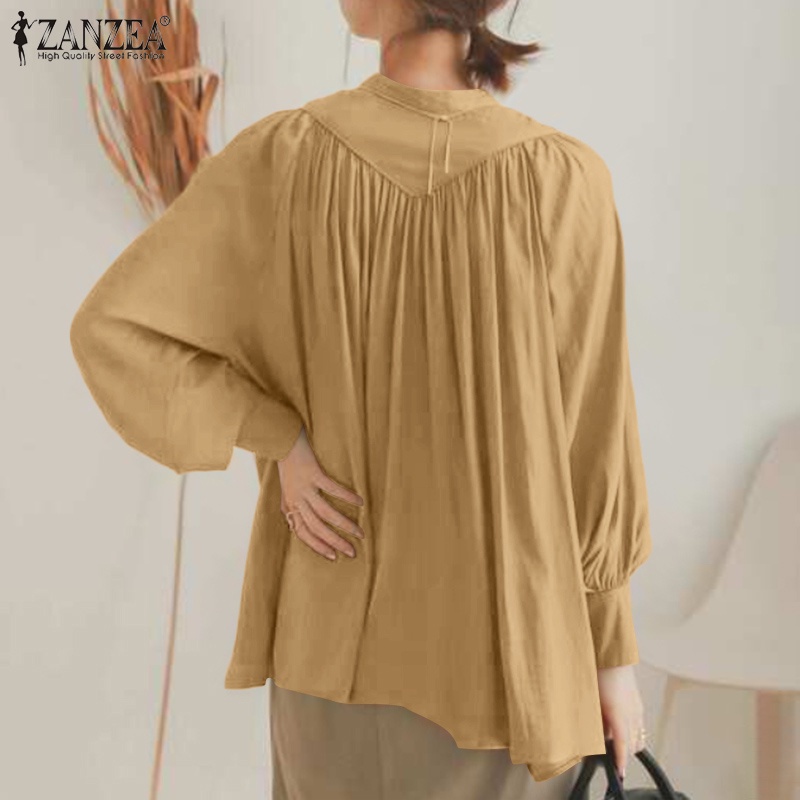 Áo kiểu ZANZEA gài khuy dáng rộng cổ tròn tay dài màu trơn cổ điển phong cách thường ngày dành cho bạn nữ