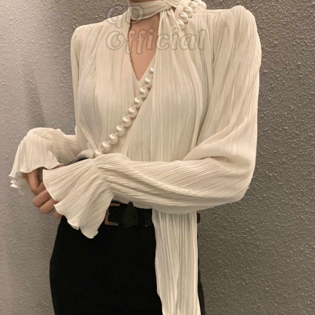 A34|Áo sơ mi cổ chữ V tay bèo chất xếp ly nhẹ nhàng vintage cho nữ màu trắng, xanh, đen GD Official