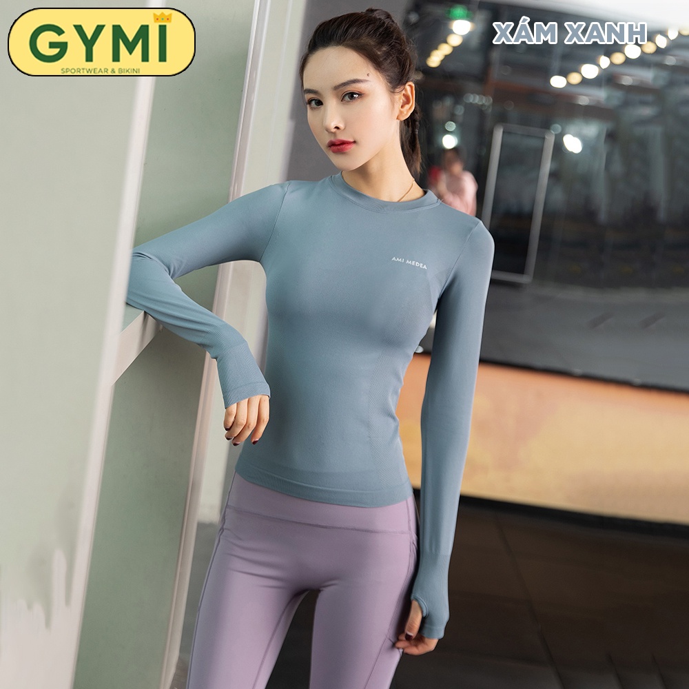Áo tập gym yoga nữ dài tay GYMI AD02 dáng dài phủ bụng Ami Meadea chất dệt kim co giãn
