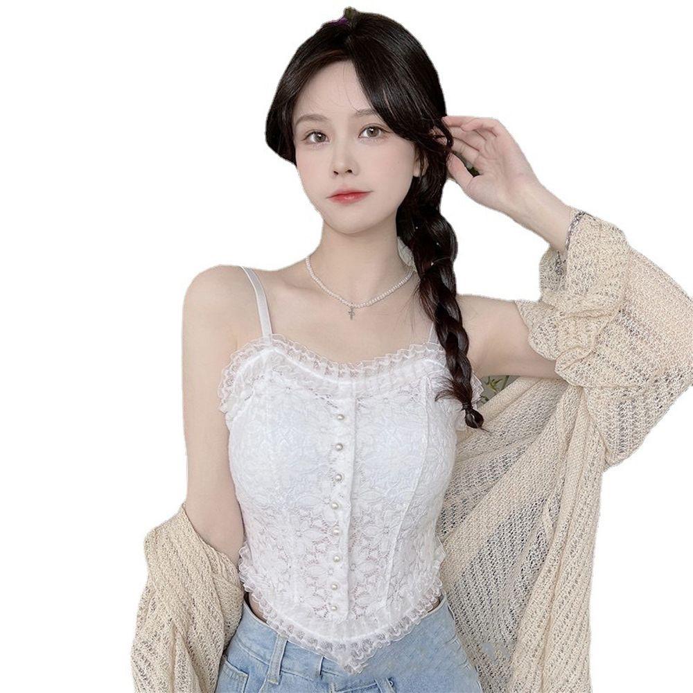 QQMALL Áo Ngực Nylon Hai Dây Phối Ren Màu Trơn Thoáng Khí Thời Trang Mùa Hè Cho Nữ