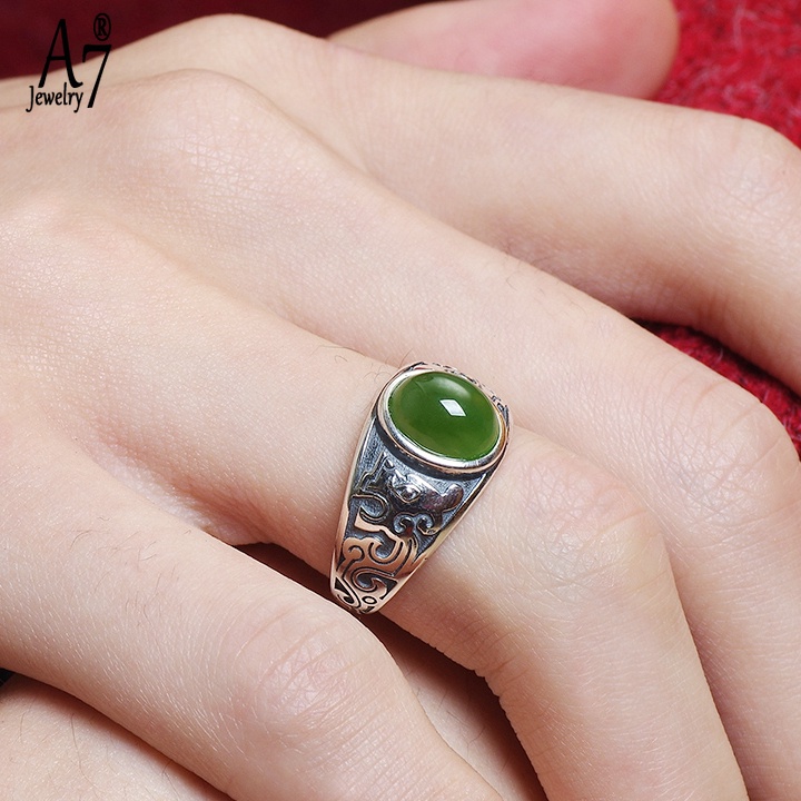 Nhẫn Mạ Bạc 925 Đính Ngọc Lục Bảo Cỡ A7 Thời Trang Cho Nam