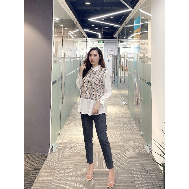 Áo bầu thiết kế phối kẻ dài tay