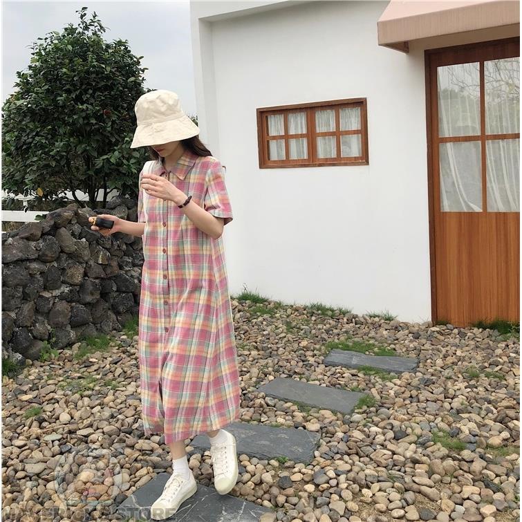 Đầm Sơ Mi Tay Ngắn Họa Tiết Sọc Caro Phong Cách Vintage