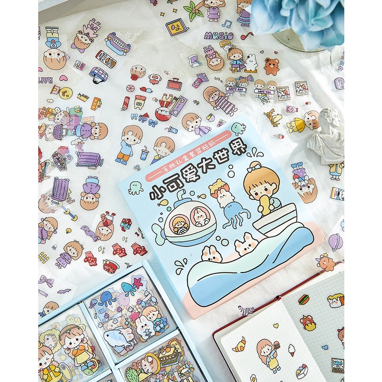 Sticker cute set 10 tấm trang trí bình nước, trang trí sổ cắt sẵn chống nước dễ thương