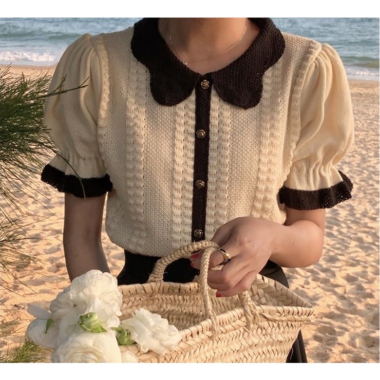 Áo Cardigan Dệt Kim Tay Ngắn Màu Sắc Tương Phản Ngọt Ngào Dành Cho Nữ  tao bao