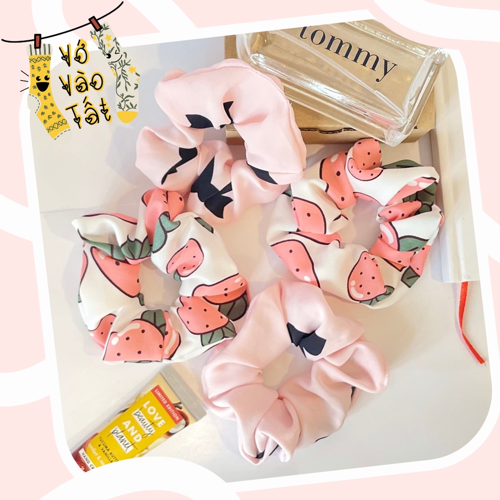 Buộc tóc scrunchies vải voan phồng màu hồng xinh xắn
