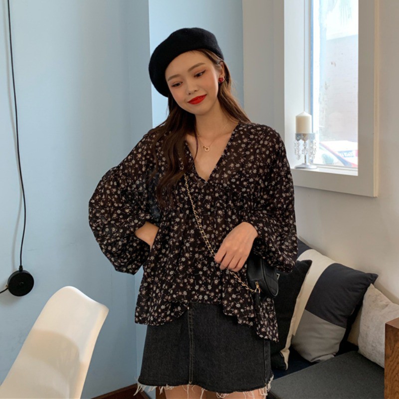 Áo voan hoa nhí tay bồng 2022, áo bánh bèo nữ tiểu thư tay dài cổ tim hàn quốc phong cách ulzzang