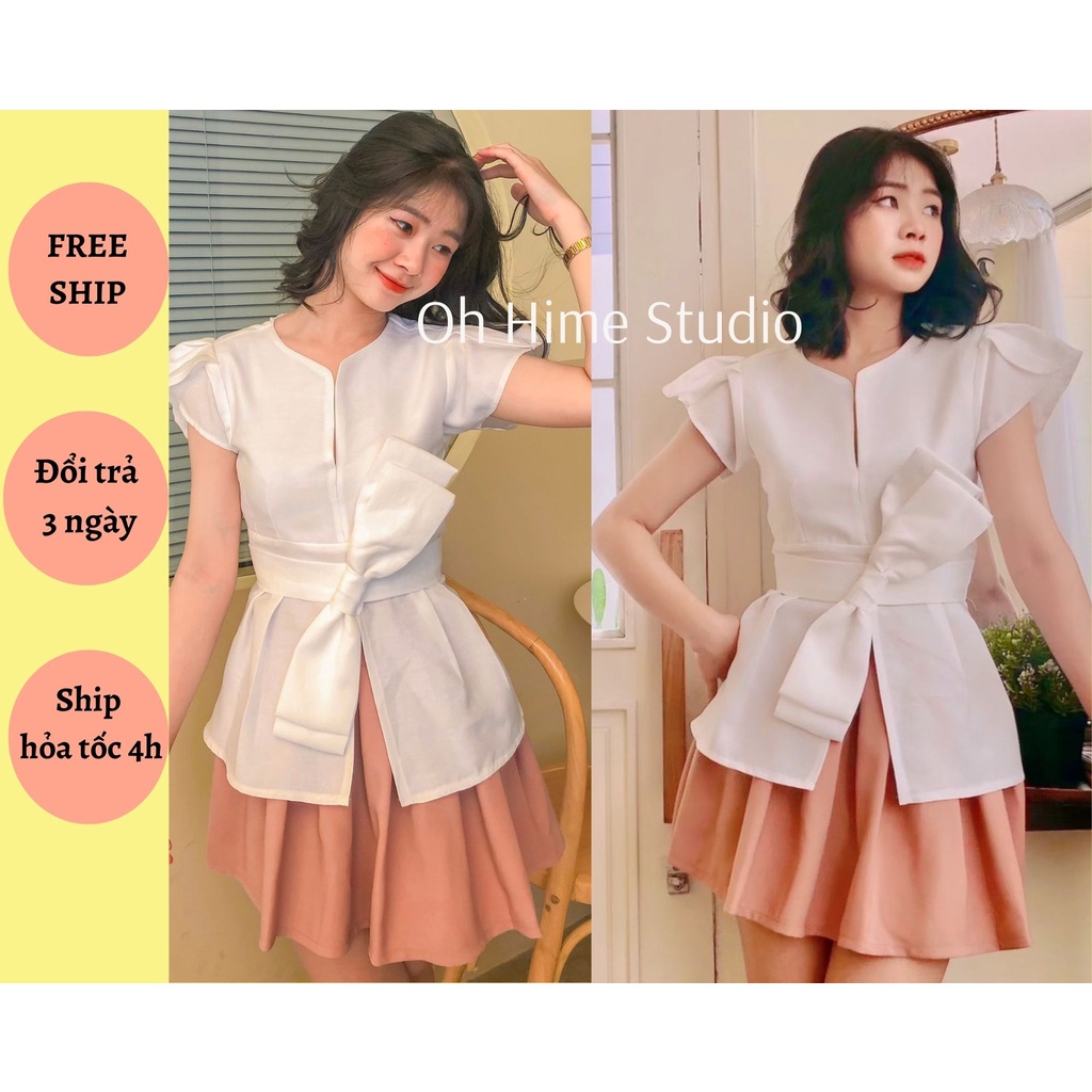 Set đồ nữ áo kiểu nơ buộc eo, chân váy ngắn xòe thiết kế  sang chảnh,đi tiệc,công sở,dạo phố OH Hime