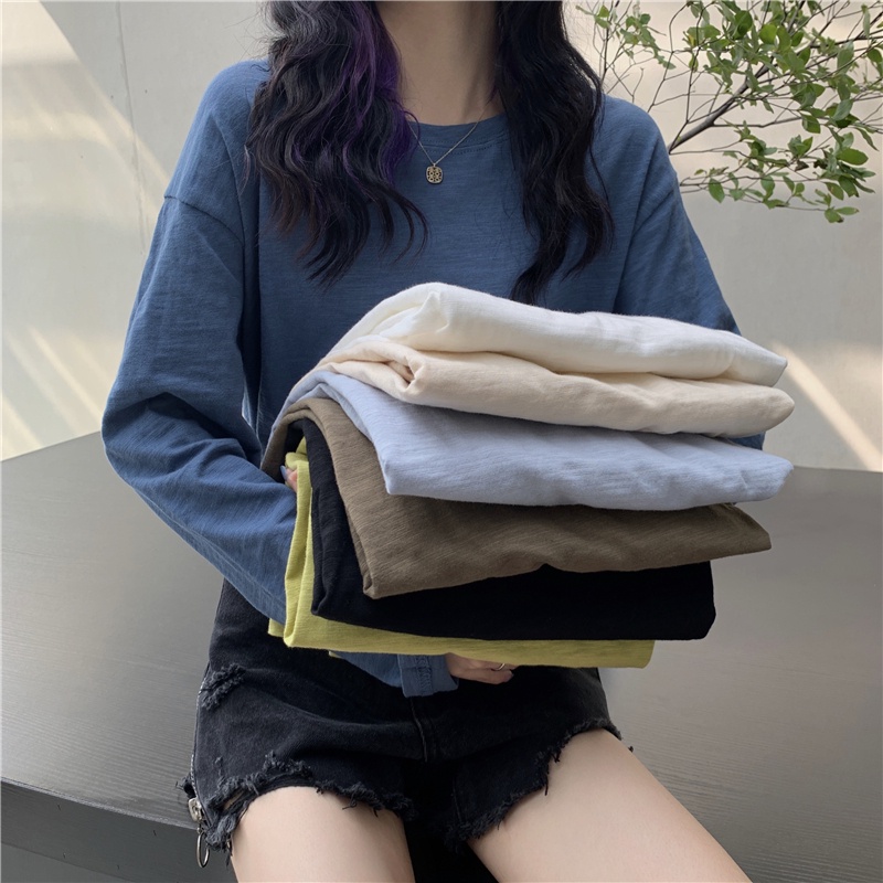 Áo Thun Cotton Tay Dài Dáng Rộng Màu Sắc Đơn Giản 53970