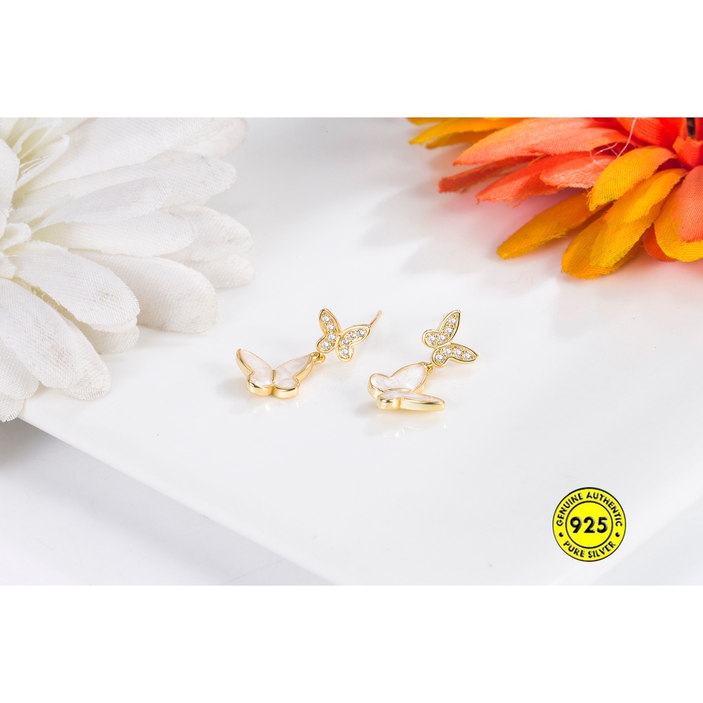 Bông Tai Mạ Bạc 925 Hình Bướm Vỏ Sò Đính Đá Xinh Xắn Cho Nữ