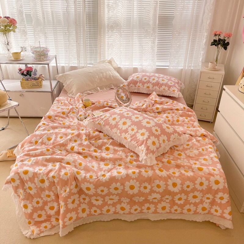 Bộ chăn ga gối cotton đũi bạc hà, chăn trần hè thu mềm mịn mát có mùi hương bạc hà