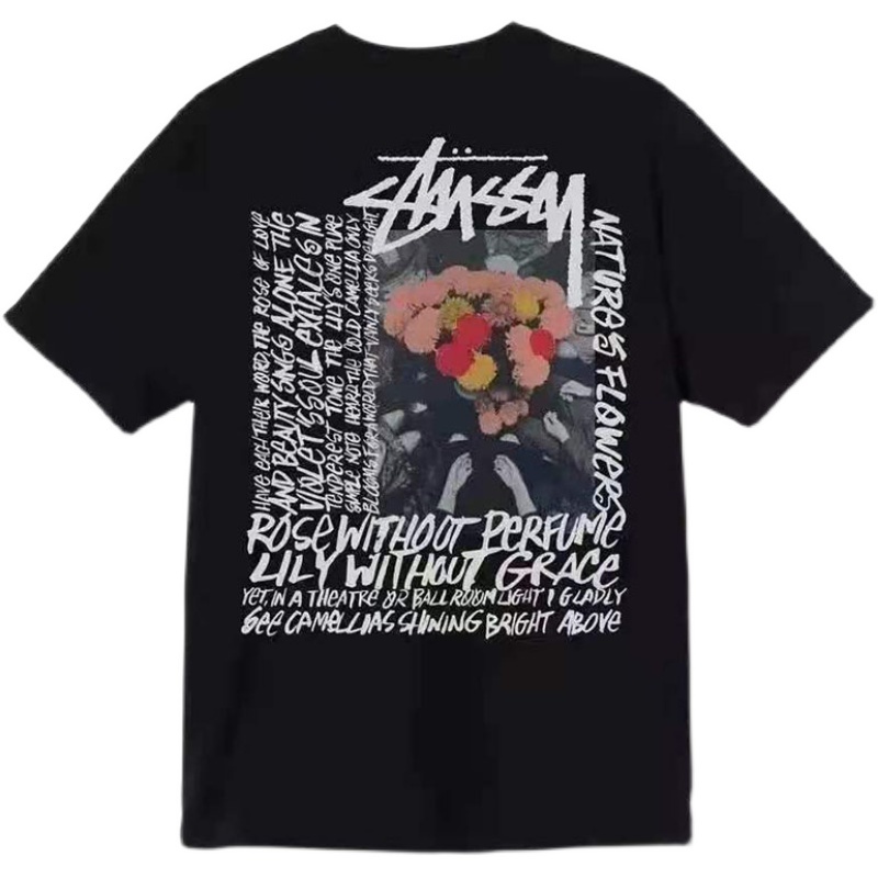 Stussy Áo Thun Tay Ngắn In Hình Hoa Trà Phong Cách hip hop Đường Phố Cá Tính Dành Cho Nam Nữ