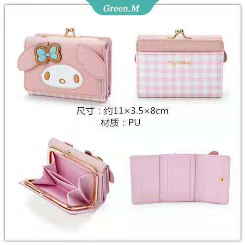 SANRIO Ví Da Ngắn In Hình Mèo Hello Kitty Cinnamoroll Melody Dành Cho Nữ