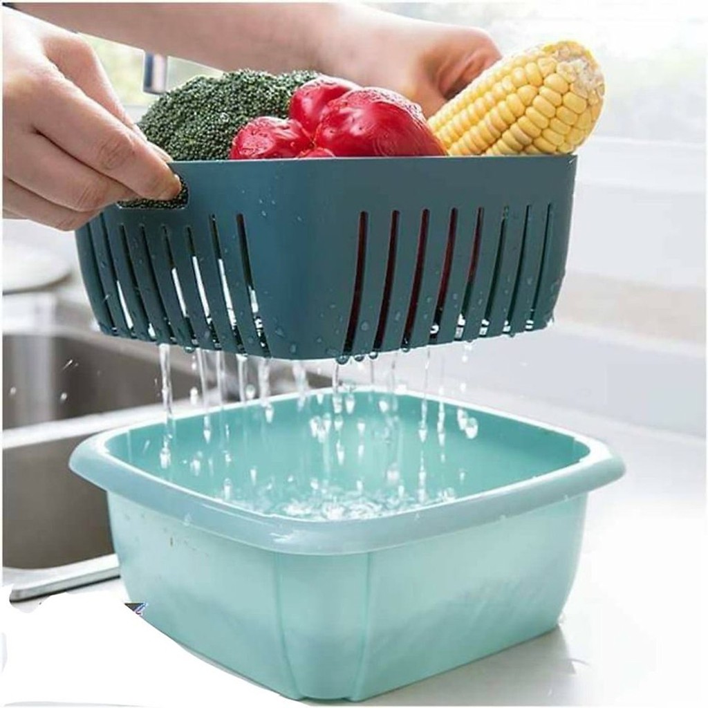 Rổ nhựa kèm thau 2in1 có nắp đậy