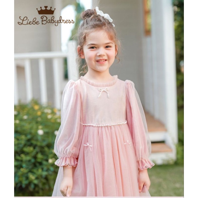 Đầm nhung voan công chúa bé gái hồng pastel phấn đính hạt 1-8 tuổi