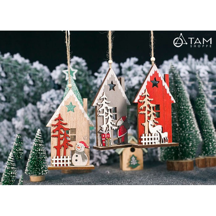 Phụ kiện treo Noel ngôi nhà gỗ ống khói tiểu cảnh X-PKTCT-40