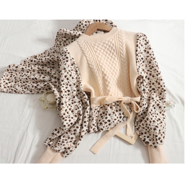 Đầm nữ hoa nhí thu đông, váy nữ mùa đông dáng xoè phối len chất đẹp 2021