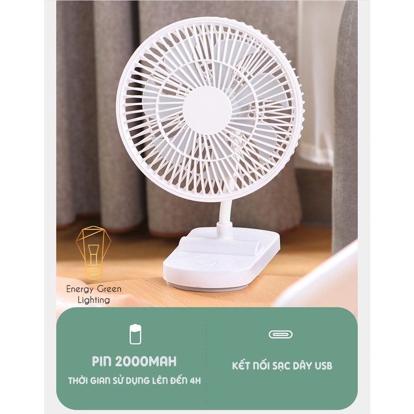 Quạt Tích Điện Energy Green Lighting F1 Vừa Để Bàn - Vừa Kẹp Trên Bề Mặt - 4 Tốc Độ Gió Siêu Mát - Pin 2000mAh