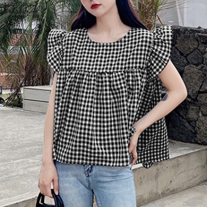 Áo kiểu ZANZEA tay ngắn xếp nếp cổ tròn họa tiết sọc ca rô phong cách Hàn Quốc thời trang dành cho nữ
