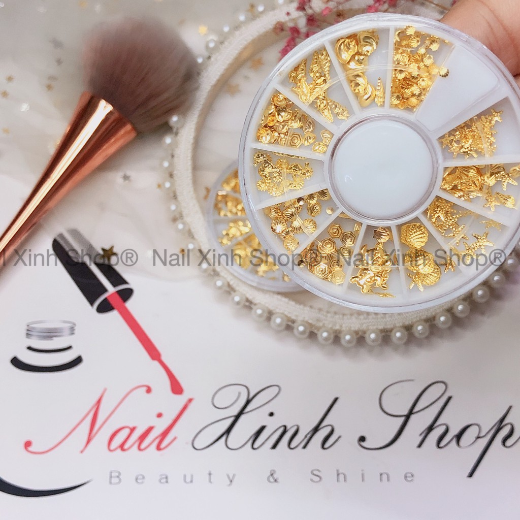 Khay tròn trang trí móng nail,charm nail, đá nail, phụ kiện nail art (phụ kiện mạ vàng)