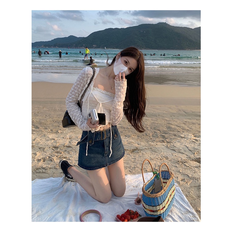 Bộ Áo Ren Hai Dây + Áo Choàng Ngắn 2022 Thời Trang Xuân Hè Cho Nữ