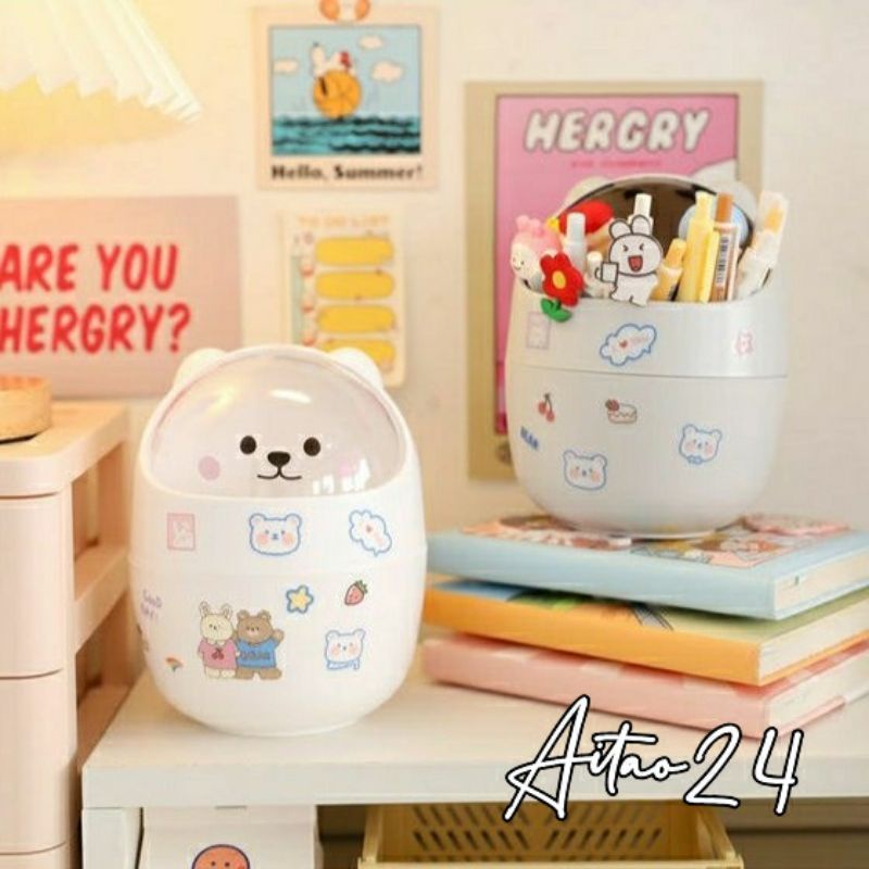 Thùng Rác Đa Năng Hoạt Hình Mini Kèm Sticker Nắp Lật Để Bàn Tiện Lợi