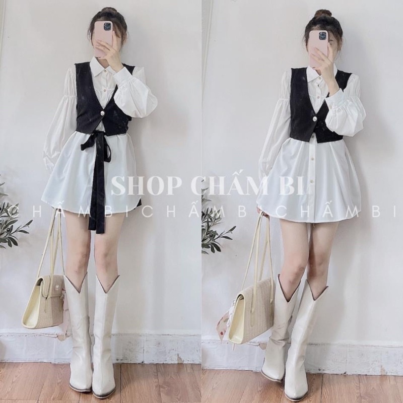 Set sơ mi + gile + đai + quần loe (có bán tách)