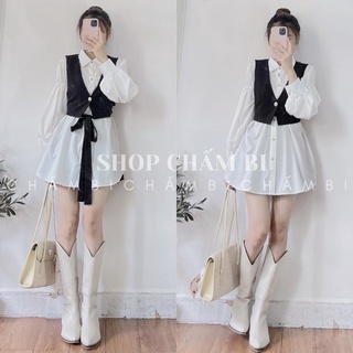 Set sơ mi + gile + đai + quần loe