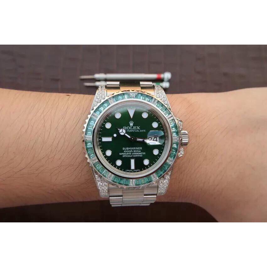 Đồng hồ Nam Rolex dây kim loại mặt xanh lá vành đá xanh máy nhật dòng cơ Automatic vỏ đá trắng size 41mm