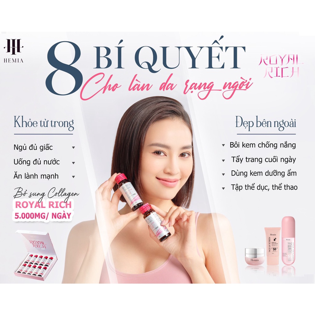 Collagen Nước Hemia Nước Uống Trắng Da Xóa Mờ Thâm Sạm Tăng Cường Nội Tiết Tố Nữ Trẻ Hoá Da Hộp 10 Lọ 30ml