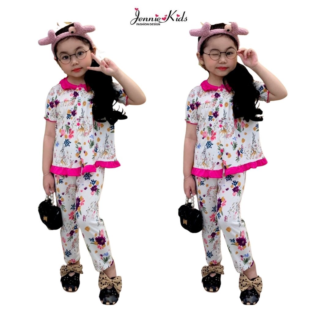 Đồ bộ bé gái, bộ bé gái dài cổ bèo cute thun cotton VNXK Jennie kids J465