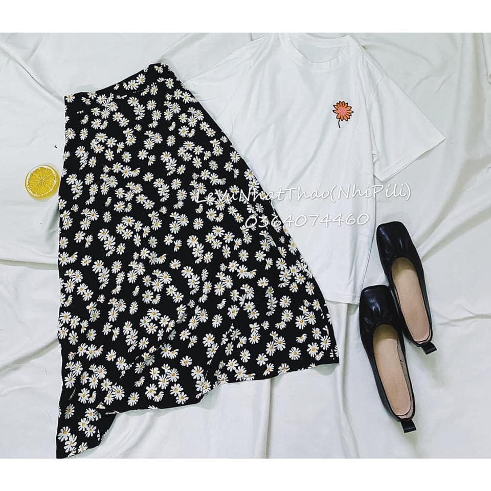 Chân váy xòe nữ dáng dài họa tiết hoa cúc hot trend chất voan lụa cạp chun co giãn tốt | BigBuy360 - bigbuy360.vn