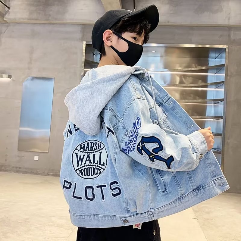 Áo khoác BXPB denim cổ bẻ phong cách Hàn Quốc thời trang dành cho trẻ em 3-15 tuổi