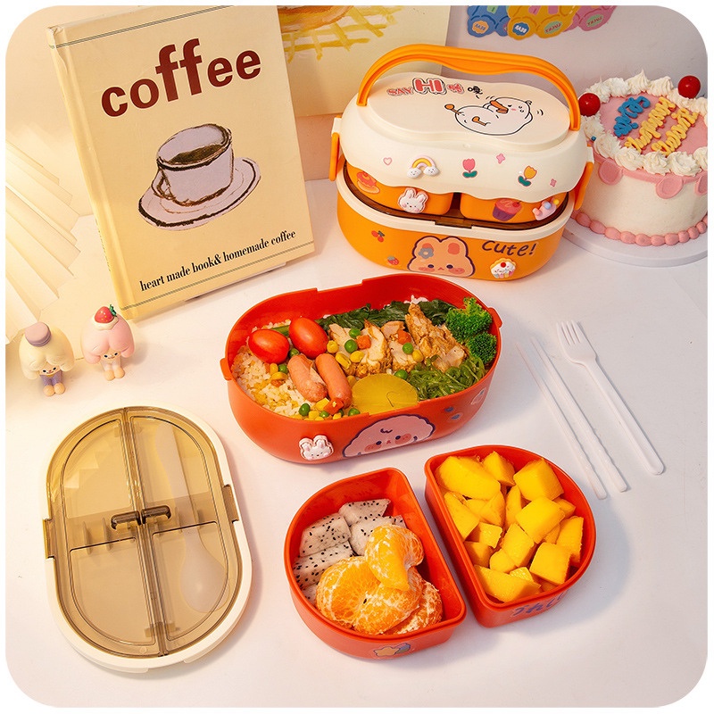 Hộp đựng cơm văn phòng Eat Clean 1600ml cute kèm túi giữ nhiệt an toàn sử dụng lò vi sóng tặng kèm đũa thìa - BlueStore