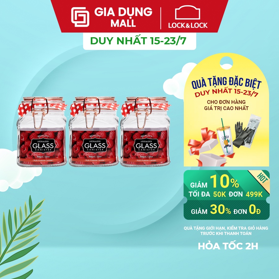 Bộ 3 Hũ Đựng Thực Phẩm Bằng Thủy Tinh Sodalime Lock&Lock LLG516S01 (900ml) - Hàng Chính Hãng