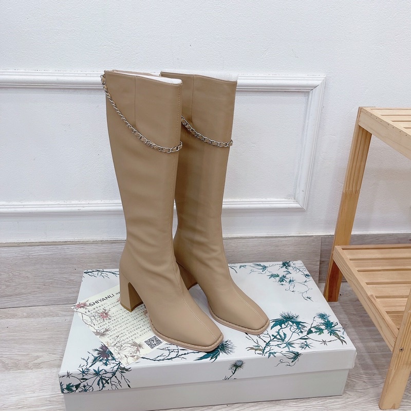 Bốt nữ boots đùi chất da mịn lì mềm xịn dây xích gót vuông trụ cao 9p fullbox có hộp xịn