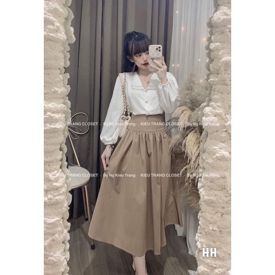 Set chân váy nâu * áo sơmi trắng