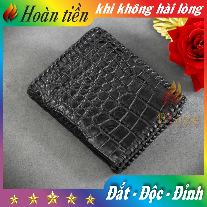 Bóp Da Cá Sấu 2 Mặt Đan Viền Da Bụng - Ví Da Cá Sấu Đan Viền Cao Cấp BLAZE | Đứng | Đen