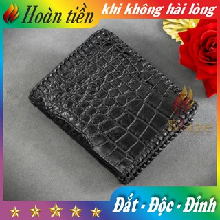 Bóp Da Cá Sấu 2 Mặt Đan Viền Da Bụng - Ví Da Cá Sấu Đan Viền Cao Cấp BLAZE | Đứng | Đen